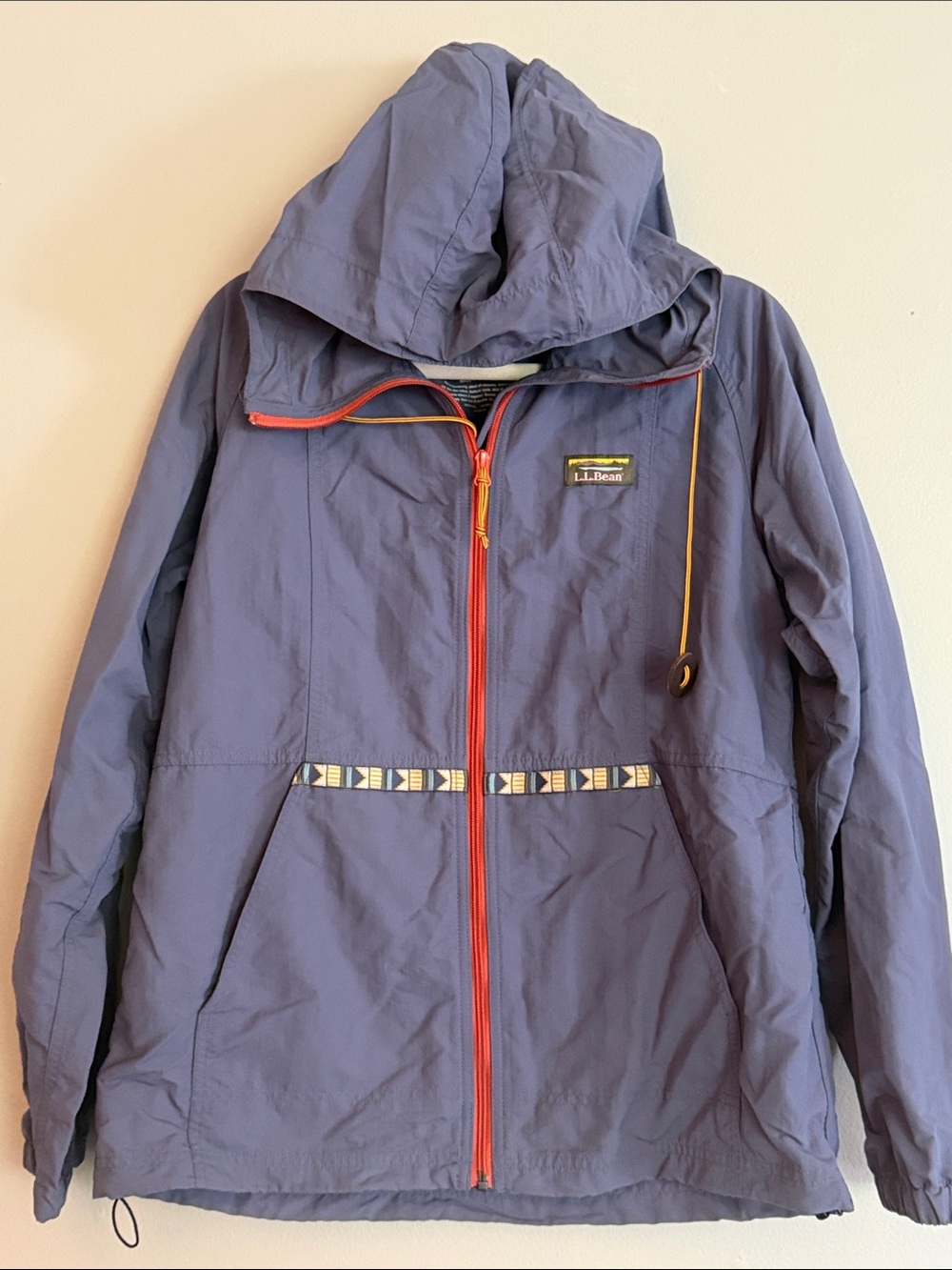L.L. Bean Slate Blue Gray Hooded Jacket with Orange Zipper and Yellow Drawcord